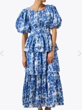 NEW Ro's Garden Chicago Floral Puff Sleeve Tiered Maxi Dress Sz Small Blue NWT